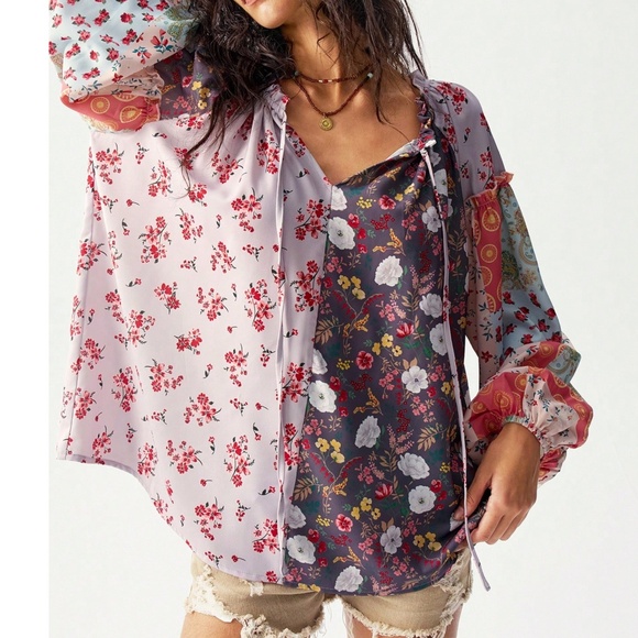 Boho Floral Print Patchwork Neck Tie Long Sleeve Blouse - Picture 2 of 7